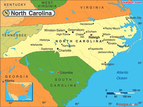 North and 37 degrees North latitude; between 75 degrees West and 85 degrees West longitude. Relative Location: North Carolina is located in the southeast region of the United States. The state is bordered by Virginia to the north, Tennessee to the west, South Carolina to the south, and Georgia to the southwest. The Atlantic